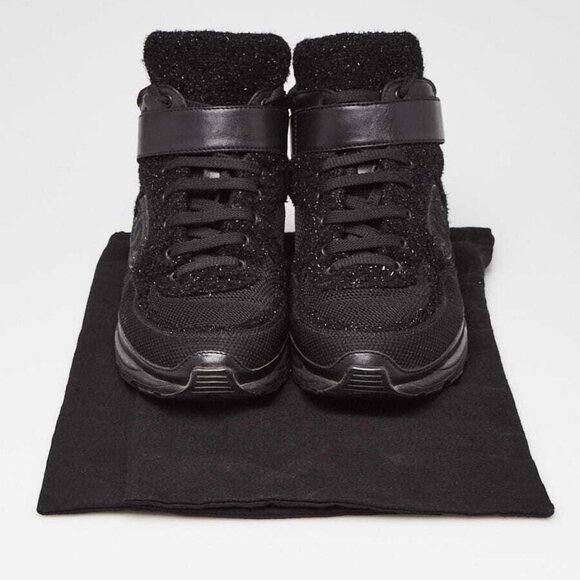 Chanel Black Metallic Tweed/Tech Fabric CC High Top Sneakers Size 5.5/36 - Picture 1 of 5
